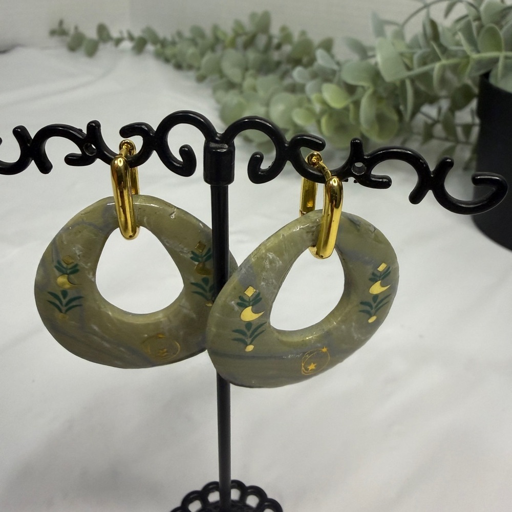 Handmade dangly  Green and Gold Hoop Earrings